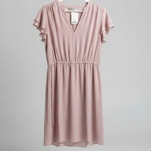 H&M Blush Pink Flutter Sleeve Dress M NWT Elastic Waist V Neck Feminine Midi